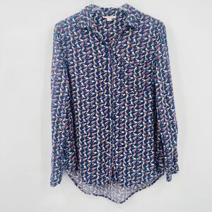 Beachlunchlounge Size Small Navy Blue Novelty Bird Print button Down Top